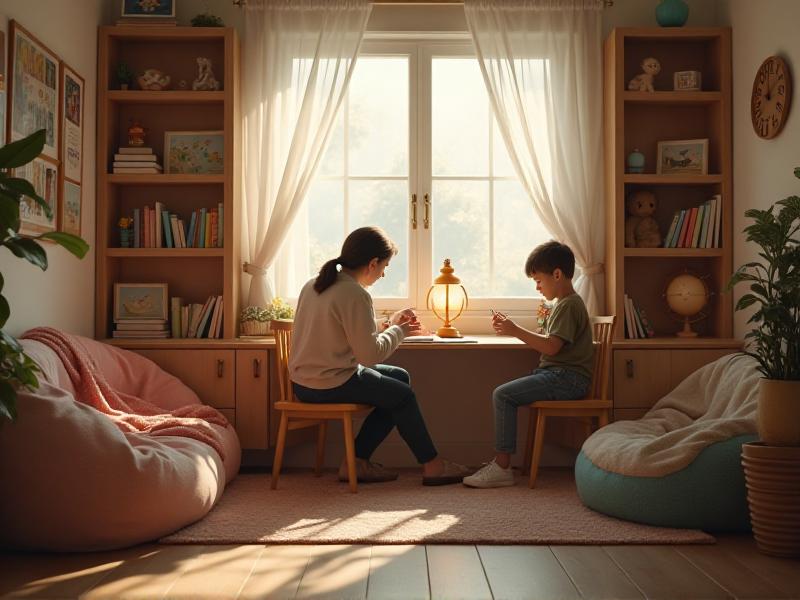 A parent and child working together to rearrange furniture in a child's room. The room features soft, natural lighting, a neatly organized desk, and a cozy reading nook. The parent is holding a Feng Shui compass, symbolizing the ongoing process of maintaining balance and harmony in the space.