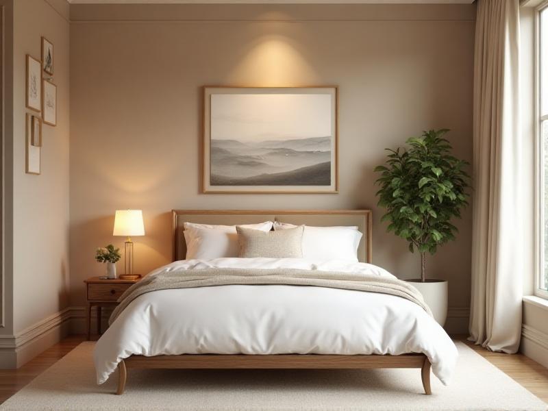 A serene and harmonious bedroom designed with Feng Shui principles in mind. The room features a soft, neutral color palette with beige walls and white bedding. The bed is placed in a commanding position, with a solid wooden headboard providing support and stability. A few carefully selected decorative items, such as a piece of artwork and a potted plant, add a touch of personality to the space. The room is bathed in soft, diffused light, creating a peaceful and restful atmosphere.