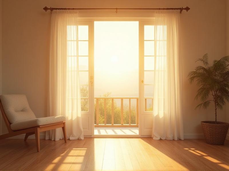 A bright, sunlit room with large windows, sheer white curtains, and a minimalist decor. The sunlight streams in, casting soft shadows on the wooden floor and creating a warm, inviting ambiance.