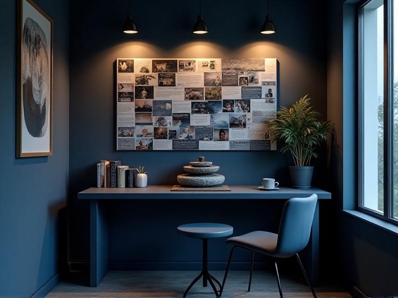 A focused and organized Career area in a home, featuring a small table with a mirror and a vision board displaying career goals. The space is decorated in dark blue and black tones, with a sleek modern desk and chair. A small fountain on the desk adds a calming element, creating an environment that supports professional growth and success.