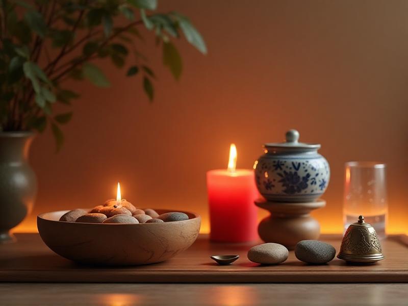 A beautifully arranged Feng Shui altar featuring representations of the five elements: a wooden bowl, a red candle, a ceramic pot, a metal bell, and a glass of water. The lighting is soft and warm, creating a harmonious and inviting atmosphere.