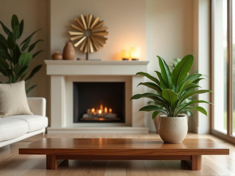 A cozy living room with a wooden coffee table, a metal sculpture on the mantel, and a lush jade plant in a ceramic pot, all harmoniously arranged to bring the natural elements of wood, metal, and earth into the space for prosperity.