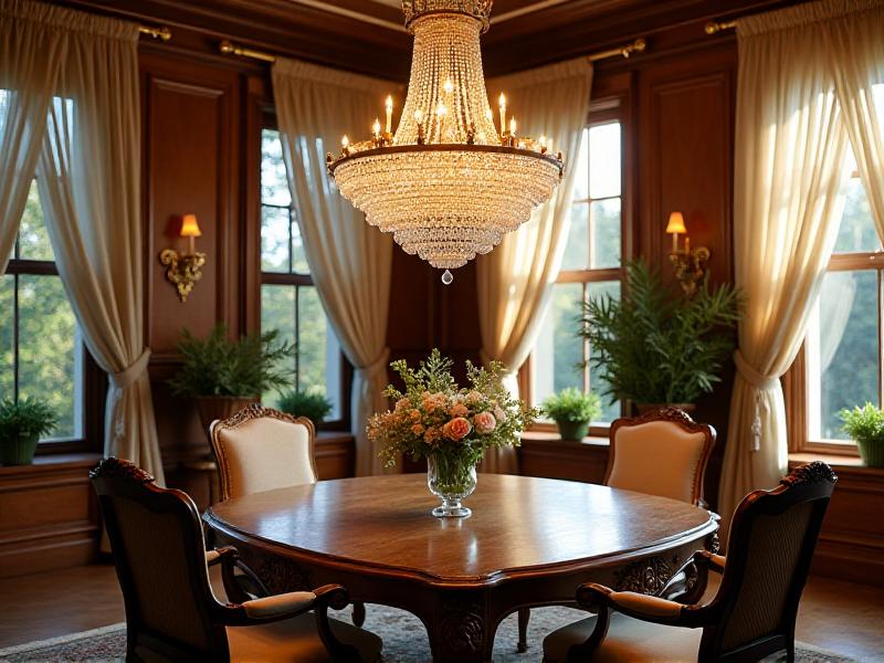 A dining room illuminated by a beautiful crystal chandelier hanging above a wooden table. The chandelier casts a soft, warm glow, enhancing the room's elegant and inviting atmosphere. Large windows with sheer curtains allow natural light to filter in, creating a balanced and harmonious lighting scheme.