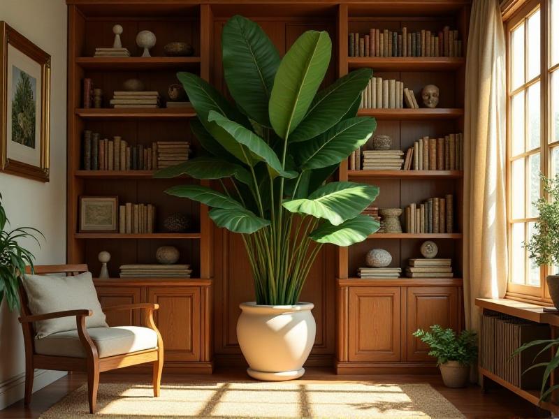 A cozy reading nook with a large potted plant in the corner, its rounded leaves symbolizing growth and vitality. A wooden bookshelf filled with books and a few small stone sculptures sits nearby, adding a touch of nature and grounding the energy. The room is bathed in soft, natural light, creating a peaceful and inviting atmosphere.