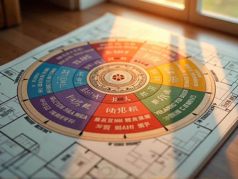 A detailed Bagua Map overlaid on a modern home floor plan, highlighting nine distinct areas with corresponding life aspects. The map is color-coded, and each section is labeled with its associated element and life area, providing a clear visual guide for Feng Shui practitioners.