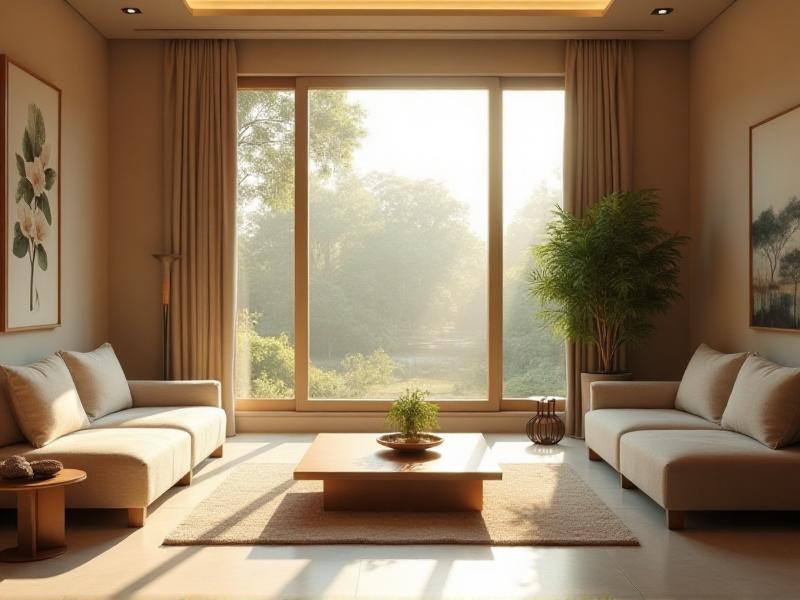 A serene living room designed with Feng Shui principles, featuring a minimalist wooden coffee table, a soft beige sofa, and a large window allowing natural light to flood the space. The room is adorned with a few carefully chosen decorative items, such as a green potted plant and a small water fountain, symbolizing life and flow. The overall mood is calm and balanced, with warm, earthy tones dominating the color palette.