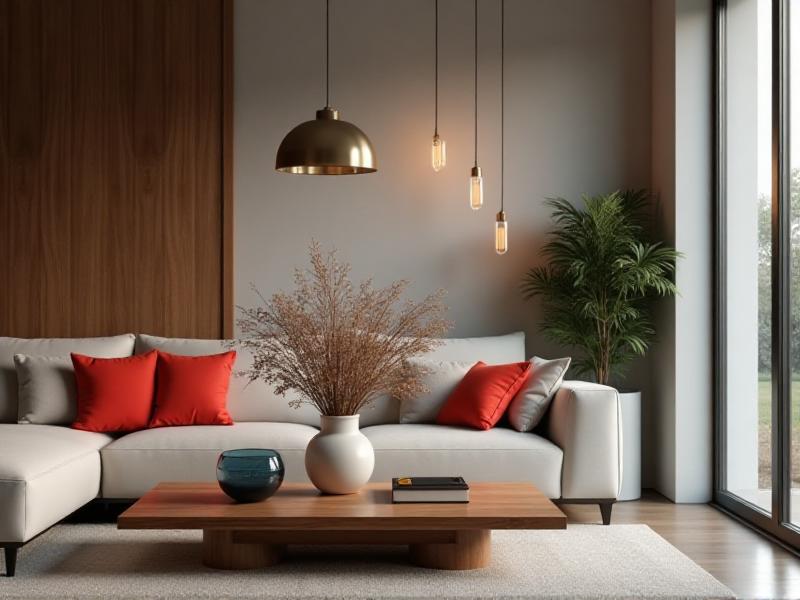 A modern living room showcasing the five Feng Shui elements: a wooden coffee table, a red throw pillow symbolizing fire, a ceramic vase for earth, a metallic lamp for metal, and a blue glass bowl representing water. The room is bathed in natural light, creating a harmonious and balanced atmosphere.