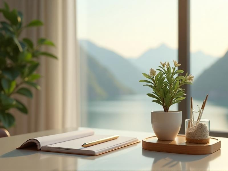 A clean, organized desk with a small potted plant, a wooden desk organizer, and a tabletop fountain. The space is free of clutter, symbolizing a fresh start and the flow of new opportunities in a career transition.