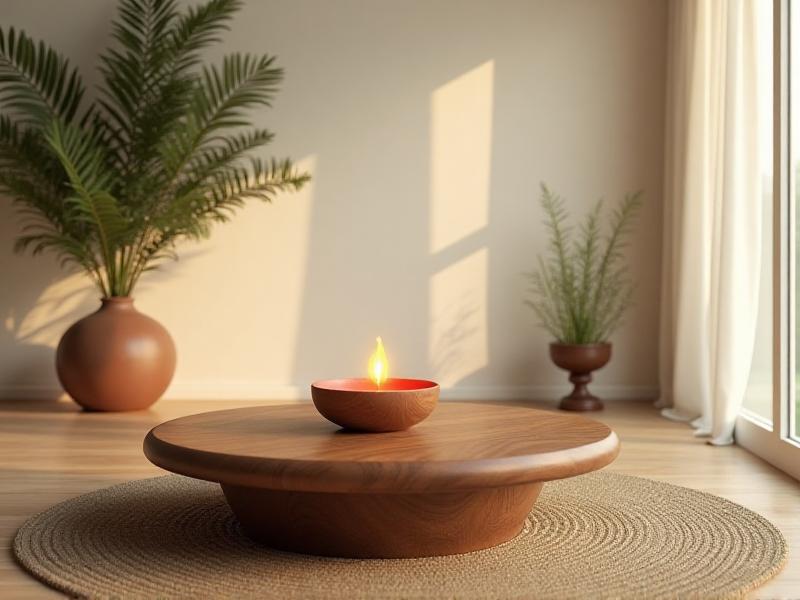 A serene living room decorated with Feng Shui elements: a wooden coffee table, a red candle symbolizing Fire, a ceramic vase representing Earth, a metallic sculpture, and a small indoor water fountain. The room is bathed in soft natural light, creating a calming and balanced atmosphere.