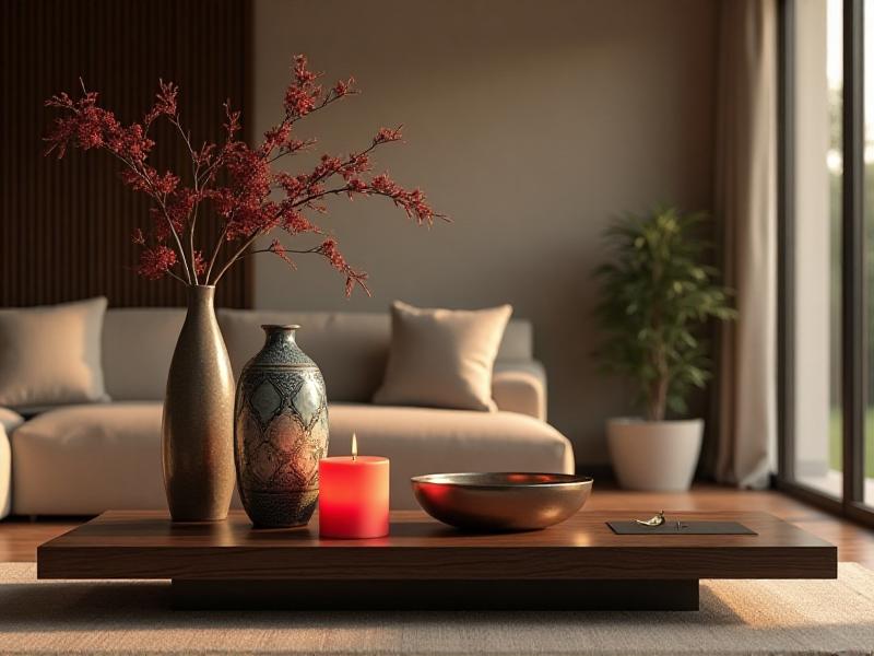 A beautifully balanced room showcasing the five Feng Shui elements: a wooden coffee table, a red candle, a ceramic vase, a metallic sculpture, and a small indoor fountain. The harmonious arrangement creates a visually appealing and energetically balanced space.