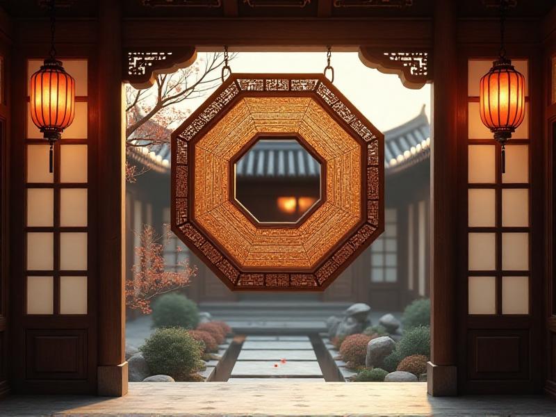 An octagonal Bagua mirror with a wooden frame, hanging above the entrance of a traditional Chinese home. The mirror's surface reflects the surrounding environment, while the eight trigrams around its edge symbolize protection and balance. The mirror is bathed in soft, natural light, enhancing its protective energy.