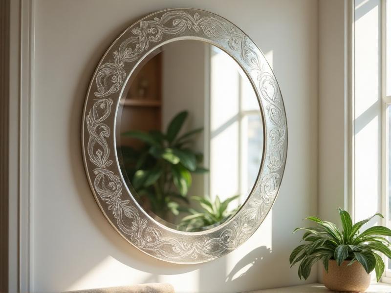 A large round mirror hanging on a light-colored wall, reflecting a cozy living room with a green plant and a soft armchair. The mirror enhances the sense of space and light, creating a welcoming and harmonious atmosphere.