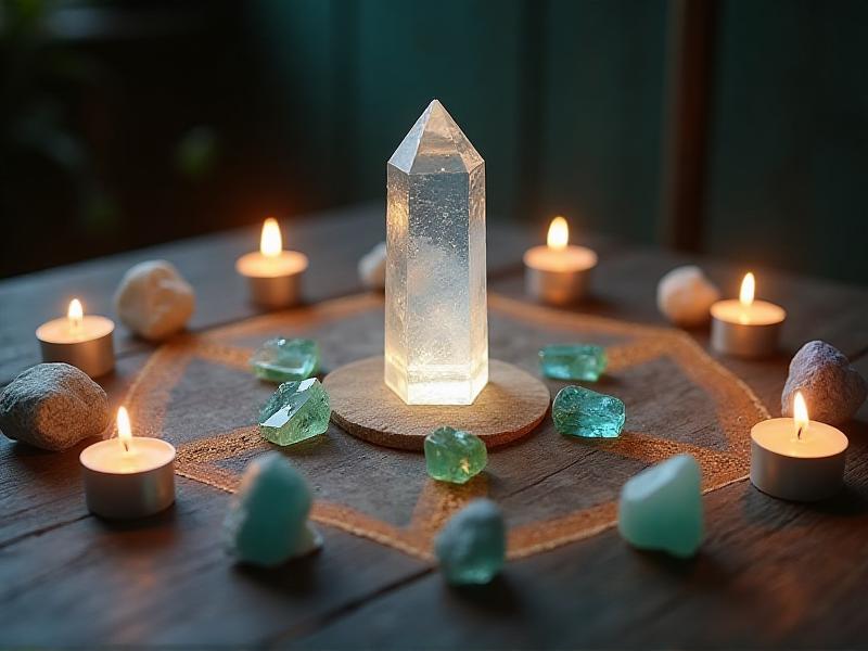 A beautifully arranged crystal grid on a wooden table, featuring a central clear quartz point surrounded by smaller crystals in a geometric pattern. The grid is illuminated by candlelight, creating a focused and intentional energy field. The image demonstrates the power of crystal grids in Feng Shui energy healing.