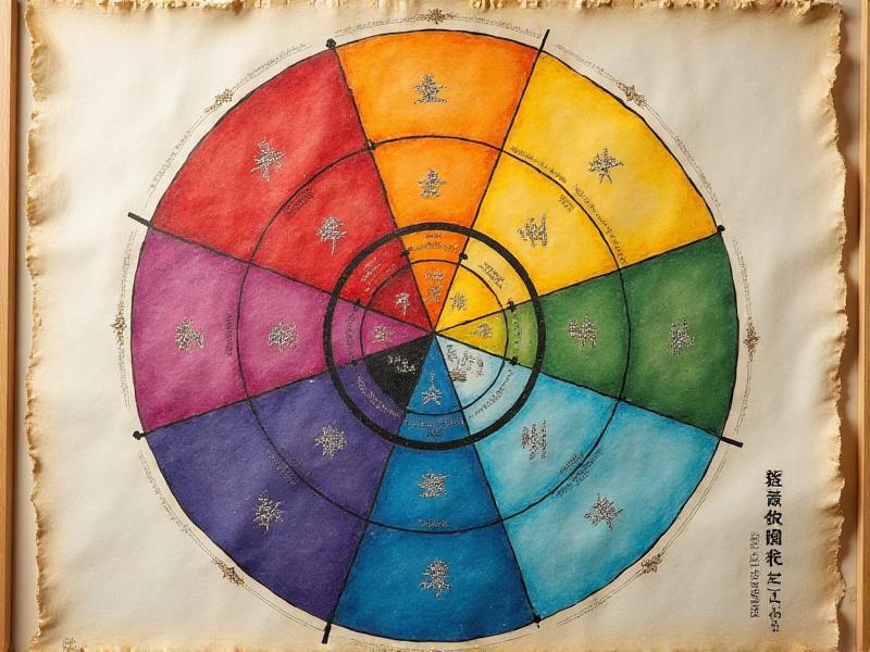 A detailed Feng Shui Bagua map overlaid on a floor plan, showing the nine life areas with their corresponding colors: purple for wealth, yellow for health, pink for relationships, and more. The map provides a clear guide for color placement in a home.