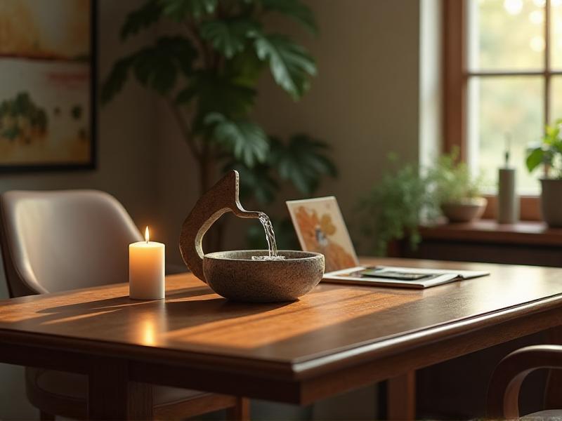 A home office featuring a wooden desk, a small tabletop water fountain, metal bookends, earthy-toned decor, and a lit candle, creating a balanced and serene atmosphere.