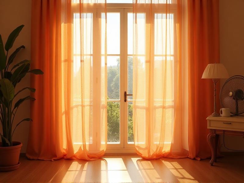 A bright and airy room with large windows open to let in fresh air and natural light. The curtains are gently swaying in the breeze, and a small fan is placed in the corner to promote airflow. The room feels fresh and invigorating, with a sense of movement and energy.