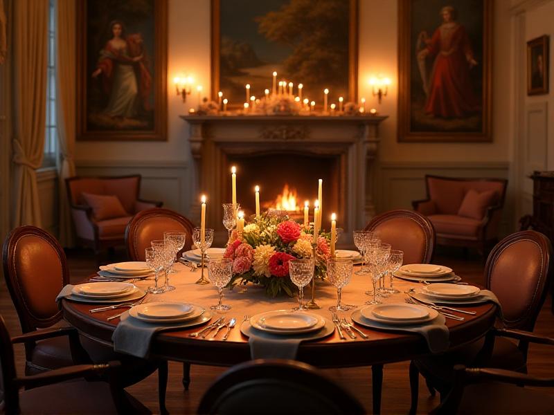 A dining room set for a special occasion, with a beautifully arranged table featuring fresh flowers, elegant tableware, and glowing candles. Extra chairs are placed around the table, ensuring ample seating for guests. The room radiates warmth and hospitality, making it the perfect setting for memorable gatherings.